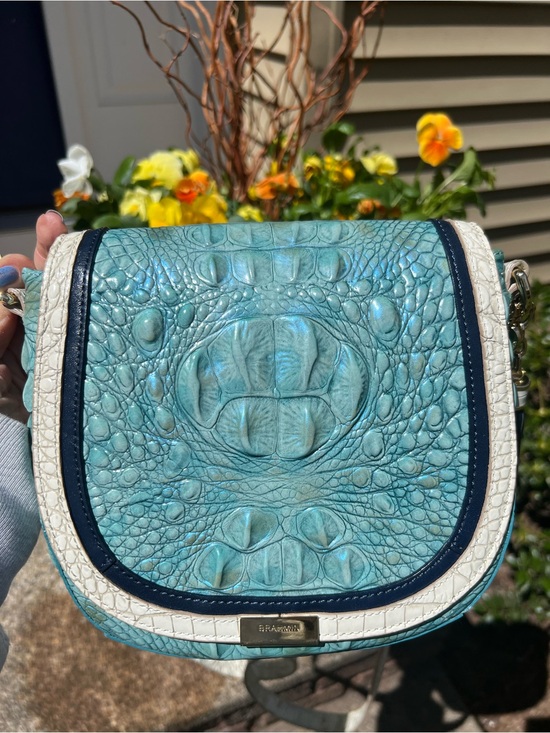 Brahmin Handbags - Brahmin Mini Sonny Turquoise Croc-Embossed Crossbody with White and Navy Trim